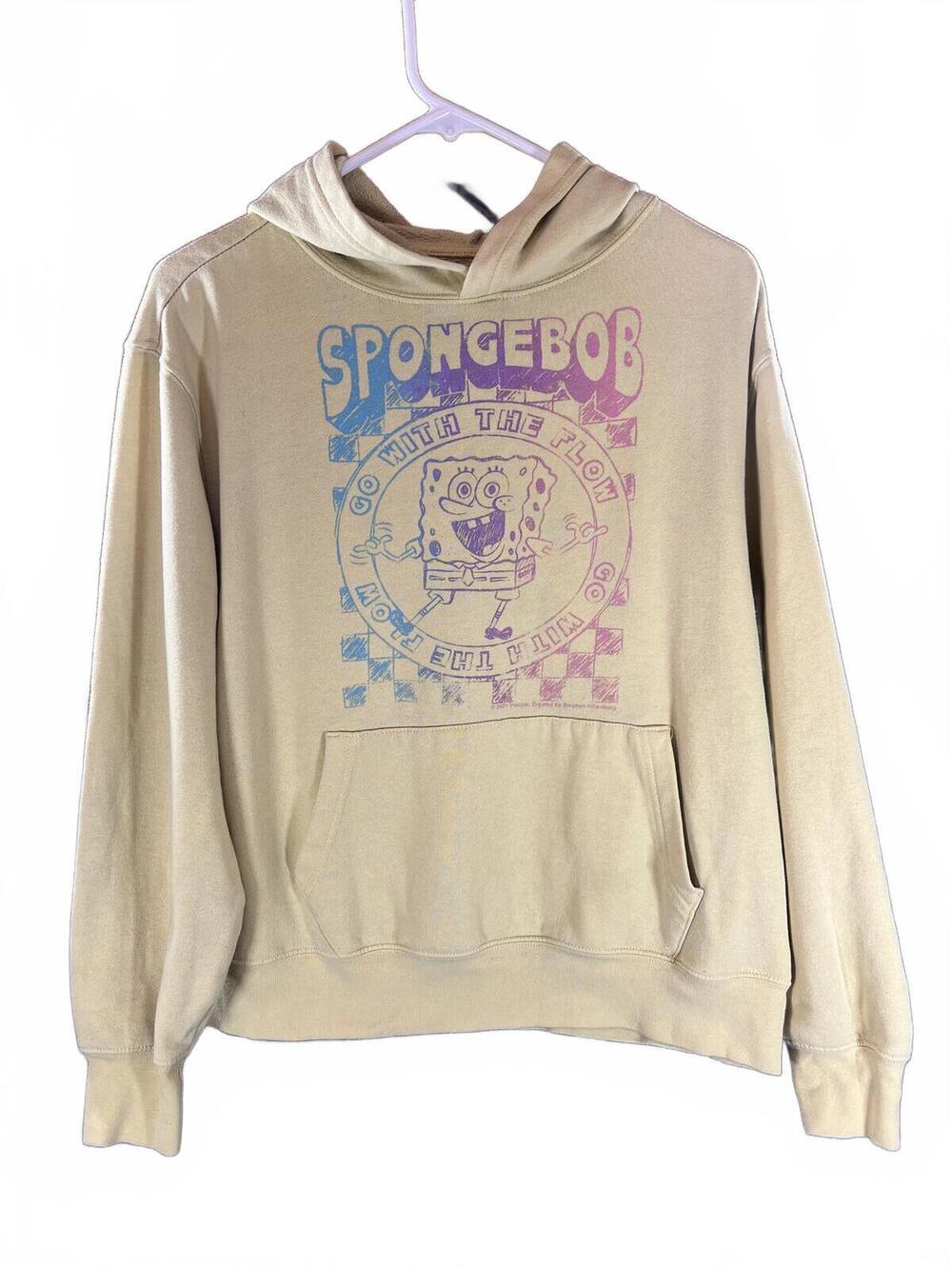 SpongeBob SquarePants Graphic Hoodie Beige Pullover Sweatshirt Size Medium